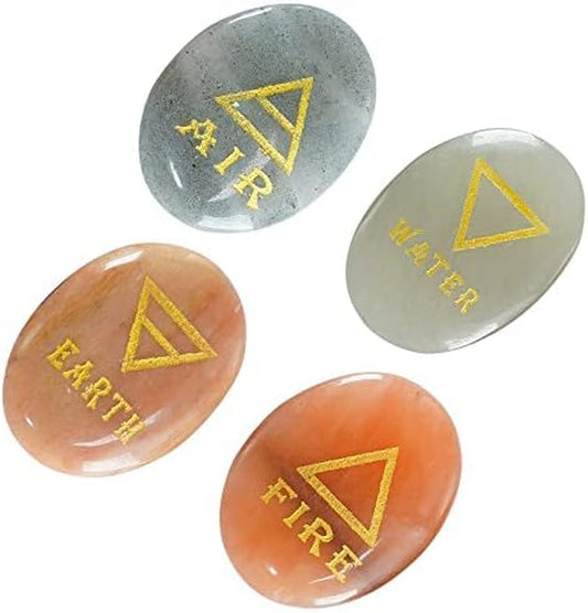 4 Elements Assorted Stones Engraved Triangle Symbols (Earth Air Fire Water) Polished Palm Stones for Gemstone Reiki Crystals Healing