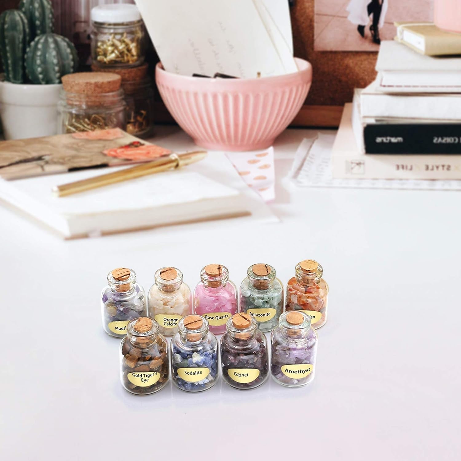 9 Mini Gemstone Bottles Chip Crystal Stones Healing Tumbled Gem Wishing Bottles Reiki Wicca Set for Home Decoration, Chakra Healing, Witchcraft Crystals