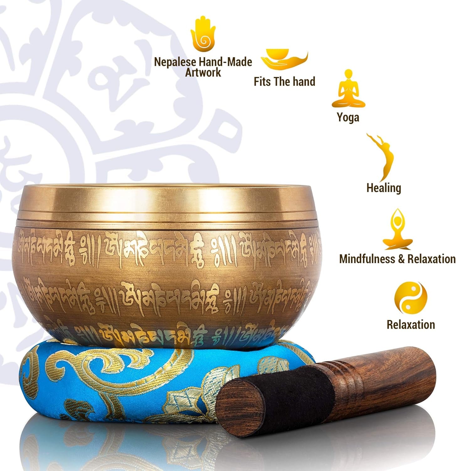 Tibetan Singing Bowl Set — with Striker, Ring Silk Cushion for Meditation, Healing, Yoga, Chakra and Music Handcrafted in Nepal — 4 Buddha Design Turquoise