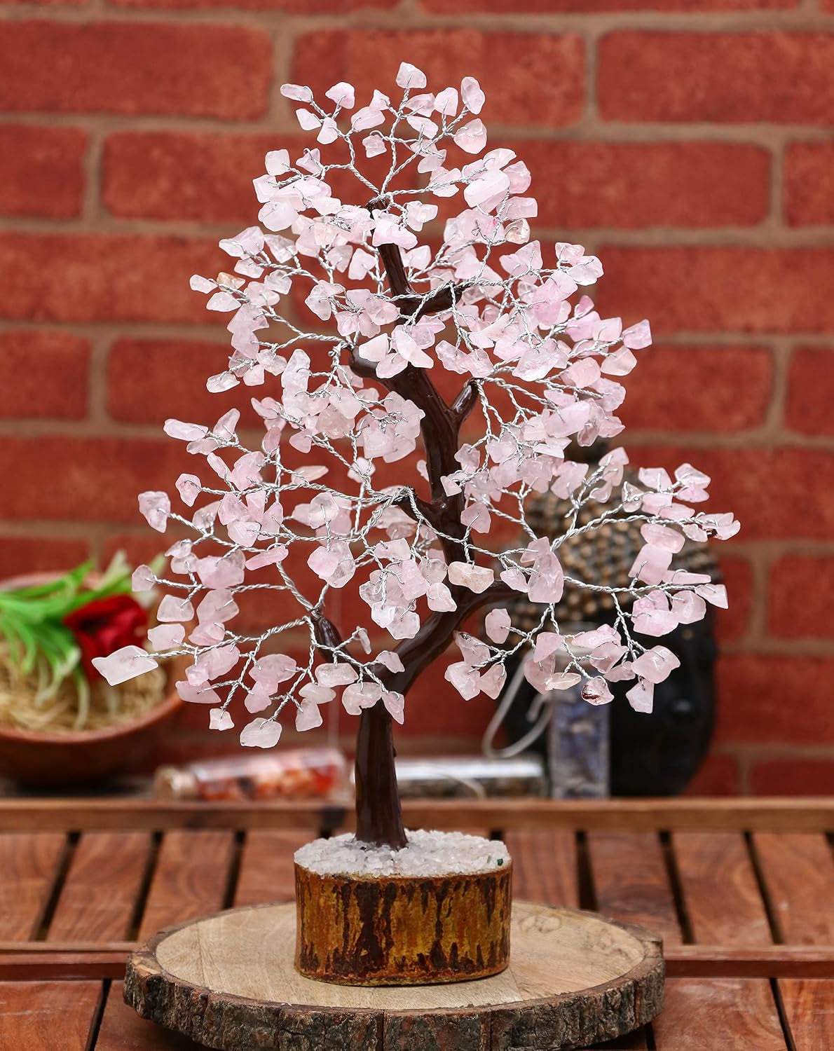 Rose Quartz Gemstone Tree Crystal of Life Prosperity Stone Feng Shui Tree Handmade Gift for Home Office Decorations Ornament Silver Wire 10-12 Inch