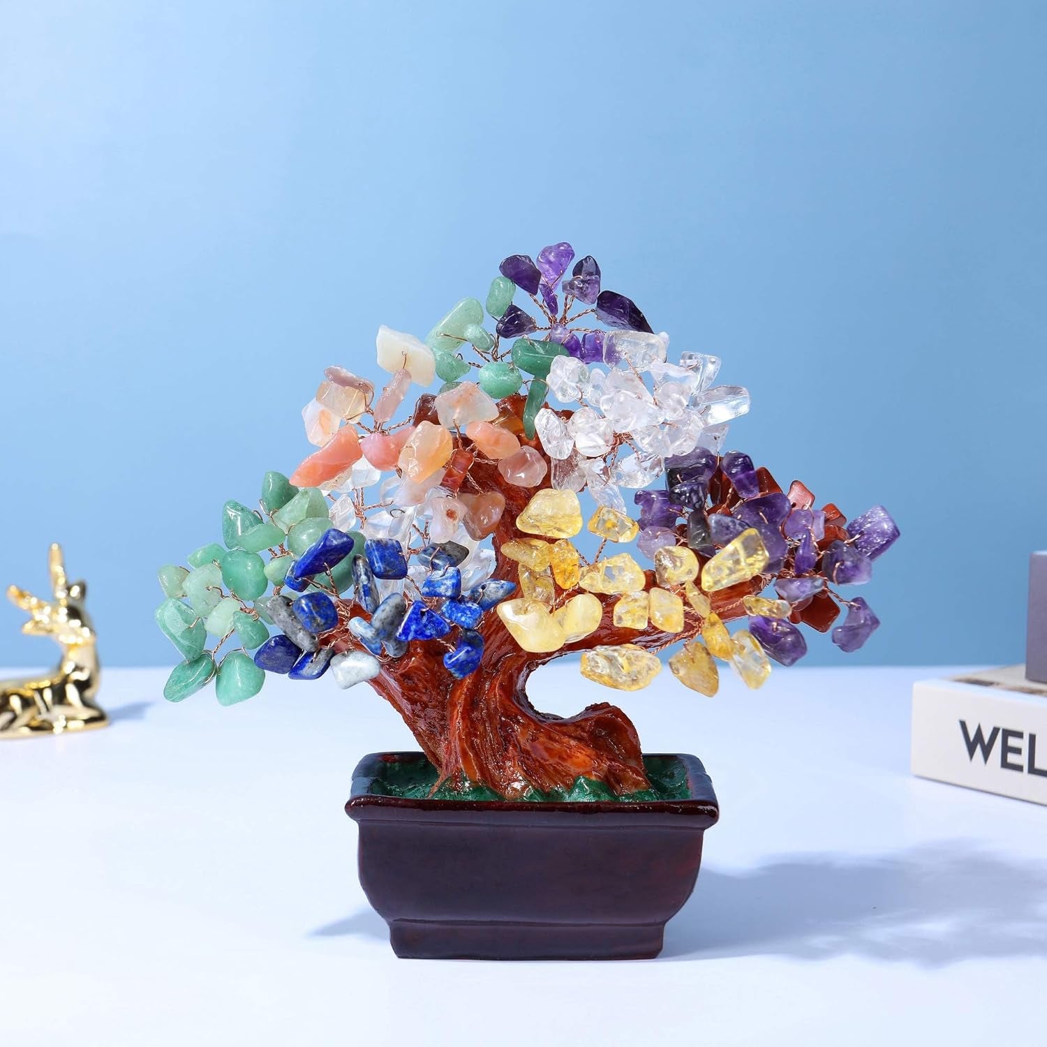 Natural 7 Chakra Crystals Gemstones Money Tree Reiki Healing Crystal Stones Bonsai Tree Home Office Feng Shui Decoration for Wealth, Health, Good Luck Crystal Gifts for Mom Christmas
