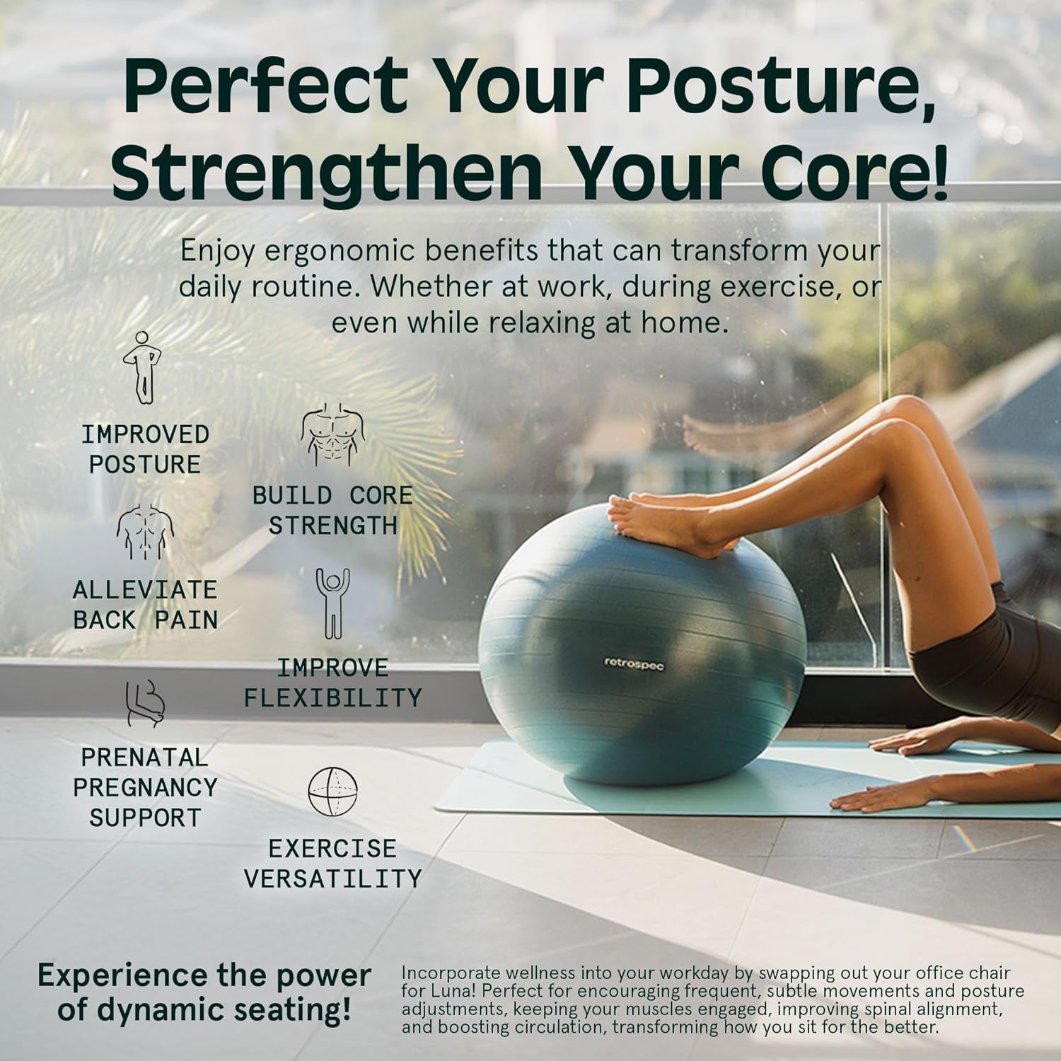 Luna Exercise Ball with Pump - Anti-Burst Fitness Equipment for Yoga, Core Training & Stability - Home Gym Swiss Ball for Office & Pregnancy