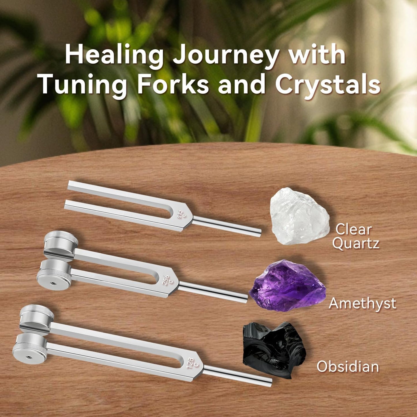 Tuning Forks for Healing (128Hz, 256Hz, 512Hz)- Weighted & Unweighted Sound Healing Instruments for Yoga, Meditation & Chakra Balancing - with Obsidian, Amethyst & Clear Quartz Crystals, Gift Box
