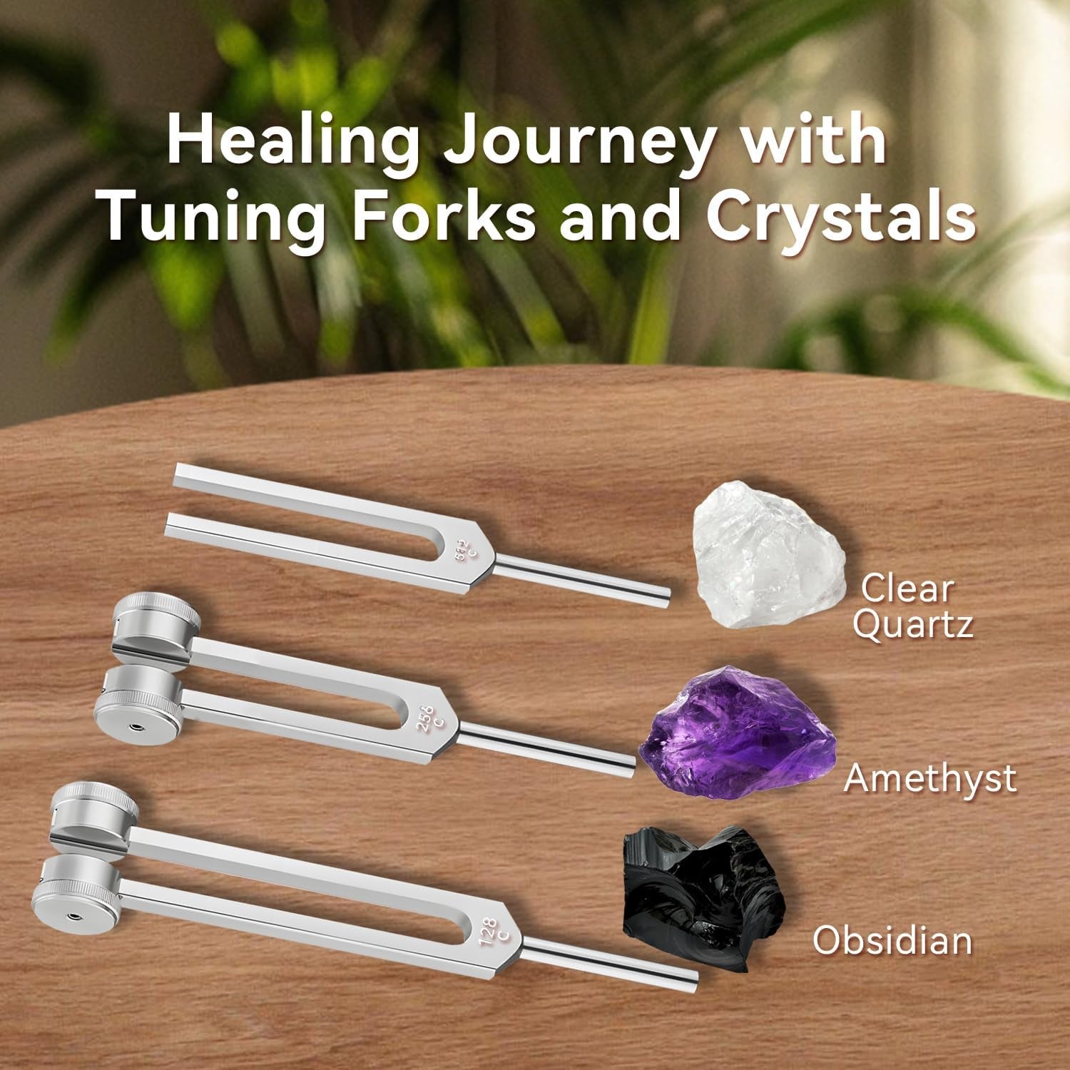 Tuning Forks for Healing (128Hz, 256Hz, 512Hz)- Weighted & Unweighted Sound Healing Instruments for Yoga, Meditation & Chakra Balancing - with Obsidian, Amethyst & Clear Quartz Crystals, Gift Box