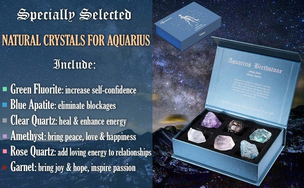 Aquarius Birthday Crystals Gifts - W/50 Daily Affirmations Cards and 6 Healing Crystals Natural Stones, Positive Affirmations with Inspirational Quotes, Spiritual Gifts for Women