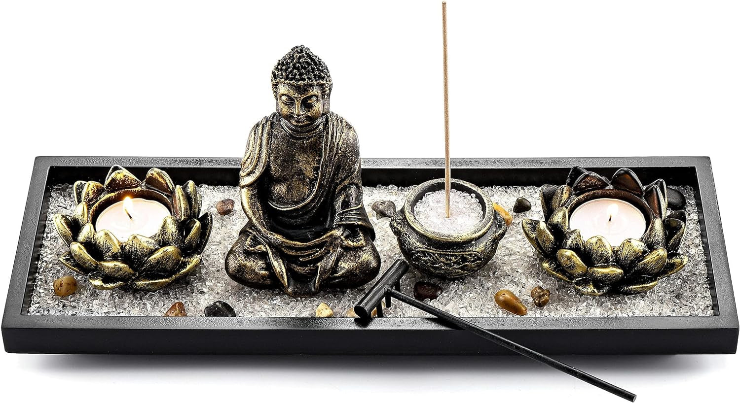 Meditation Zen Garden Set with Buddha Satue, Lotus Tea Light Candle Holder, Incense Burner Holder Tabletop Zen Garden Gift for Home Decor