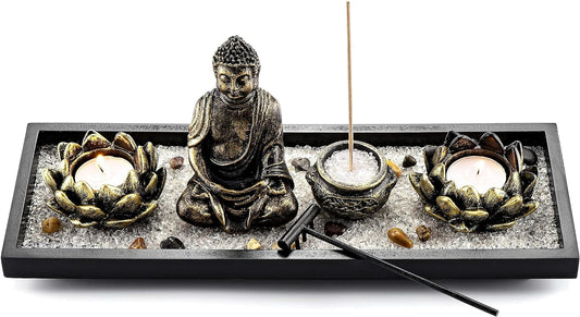 Meditation Zen Garden Set with Buddha Satue, Lotus Tea Light Candle Holder, Incense Burner Holder Tabletop Zen Garden Gift for Home Decor