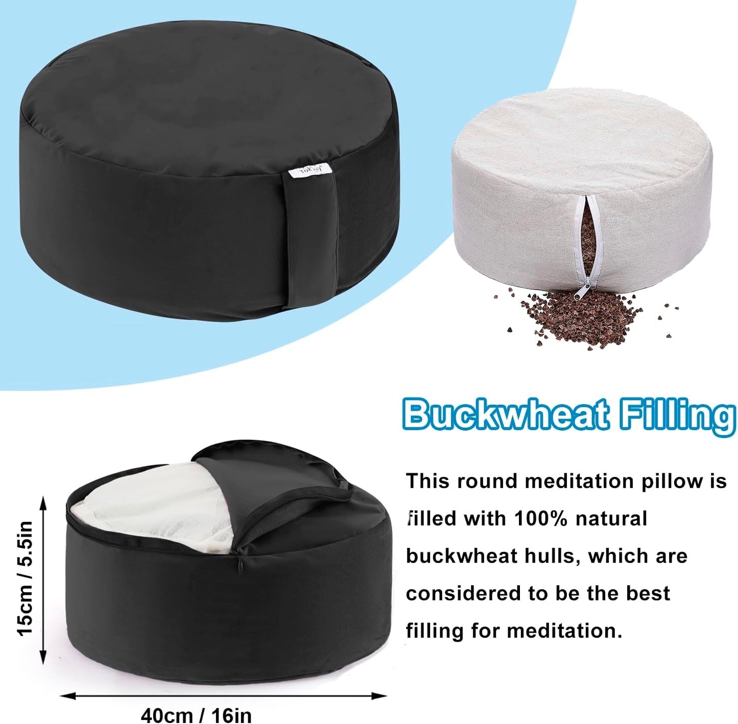 Meditation Cushion with Two Velvet Covers, 16 * 16 * 5.9 Inches, Filled with Buckwheat - round Yoga Bolster (Black)