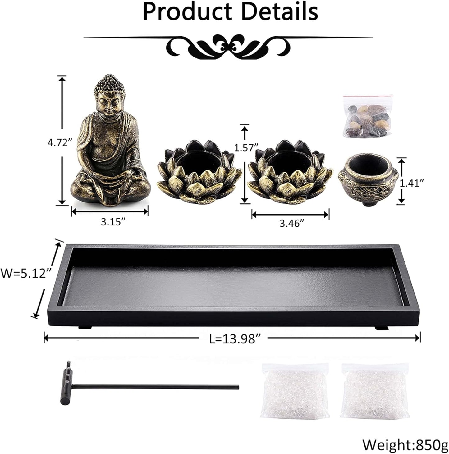 Meditation Zen Garden Set with Buddha Satue, Lotus Tea Light Candle Holder, Incense Burner Holder Tabletop Zen Garden Gift for Home Decor